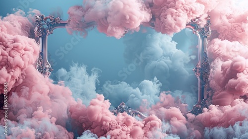 Elaborate baroque frame holding pink fluffy clouds, surreal blue backdrop, dreamlike and whimsical, imaginative setting, intricate and ornate photo