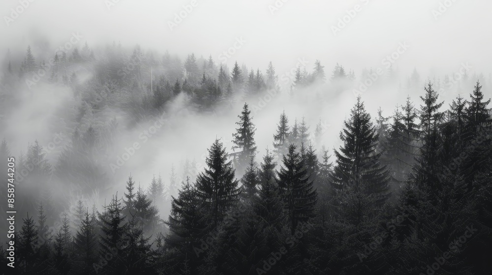 Enigmatic misty forest, layered mountains faintly visible, dense fog weaving through trees, haunting black and white composition Enigmatic misty forest, layered mountains faintly visible, dense fog weaving through trees, haunting black and white composition