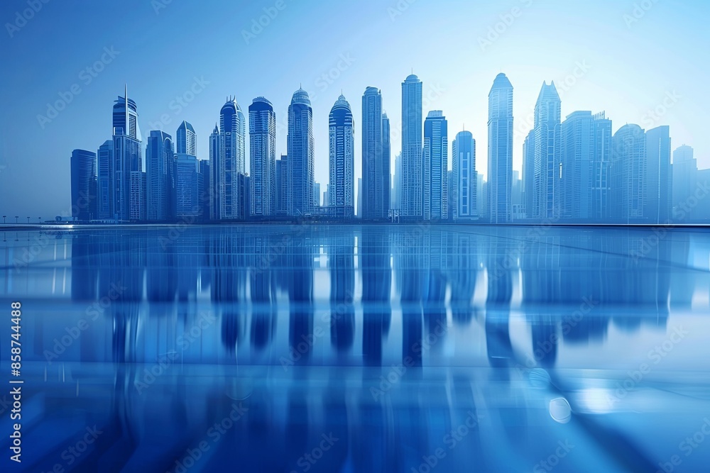 Modern city skyline with skyscrappers and reflection created with Generative AI Modern city skyline with skyscrappers and reflection created with Generative AI