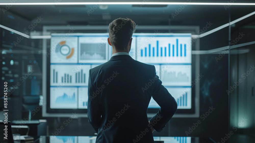Fototapeta premium Modern, sleek image of a confident business professional giving a presentation with a large screen displaying graphs and data, office setting #5