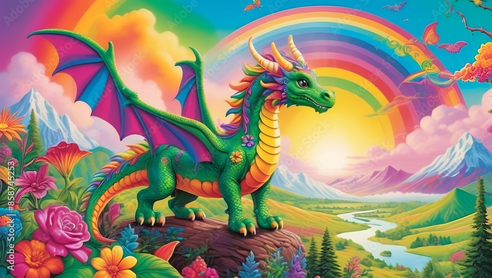 Obraz premium A vibrant and colorful cartoon kawaii illustration of a magnificent green dragon and rainbow children drawing 