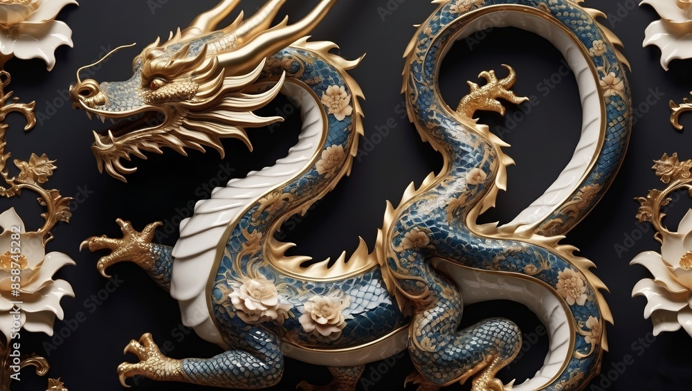 Obraz premium golden dragon statue floral baroque print patterns glossy Porcelain glaze finish