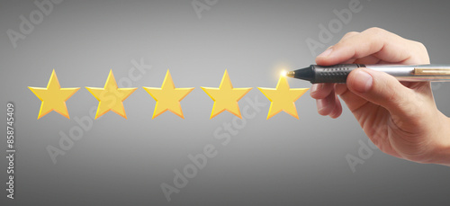 Rise on increasing five stars in human hand, Increase rating