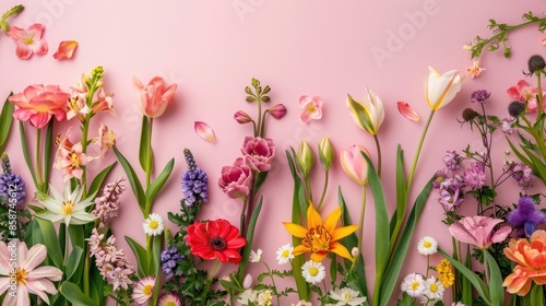 Wallpaper Mural Spring flowers in various colors against pink backdrop top view with space for text Torontodigital.ca