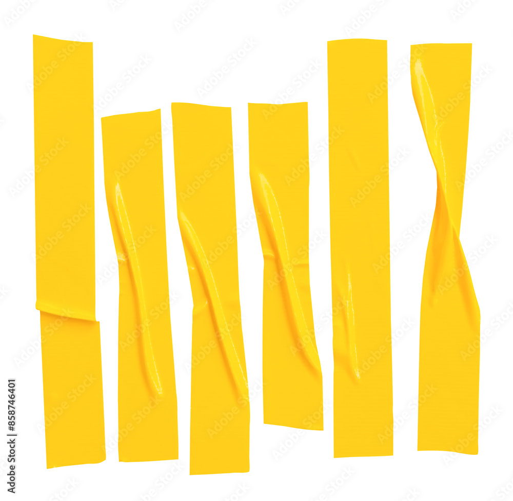 Top view set of yellow adhesive vinyl tape or cloth tape scattering in stripes isolated with clipping path in png file format Top view set of yellow adhesive vinyl tape or cloth tape scattering in stripes isolated with clipping path in png file format