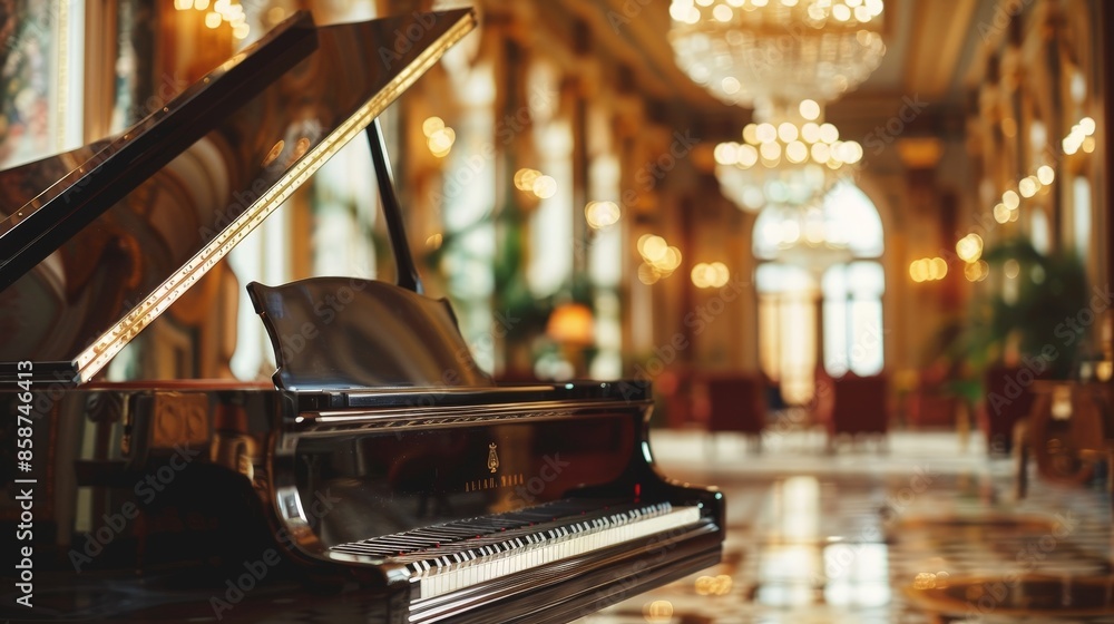 Design an image of a grand piano in a lavish ballroom, with a ...