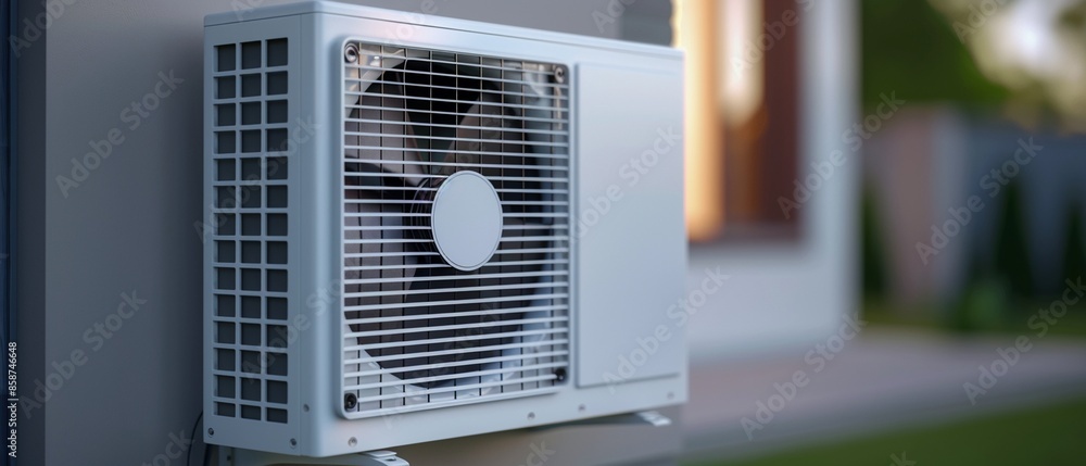 Modern air conditioning unit mounted on the side of a contemporary house, bright and clean, Realism, Cool tones, Digital painting, High detail Modern air conditioning unit mounted on the side of a contemporary house, bright and clean, Realism, Cool tones, Digital painting, High detail