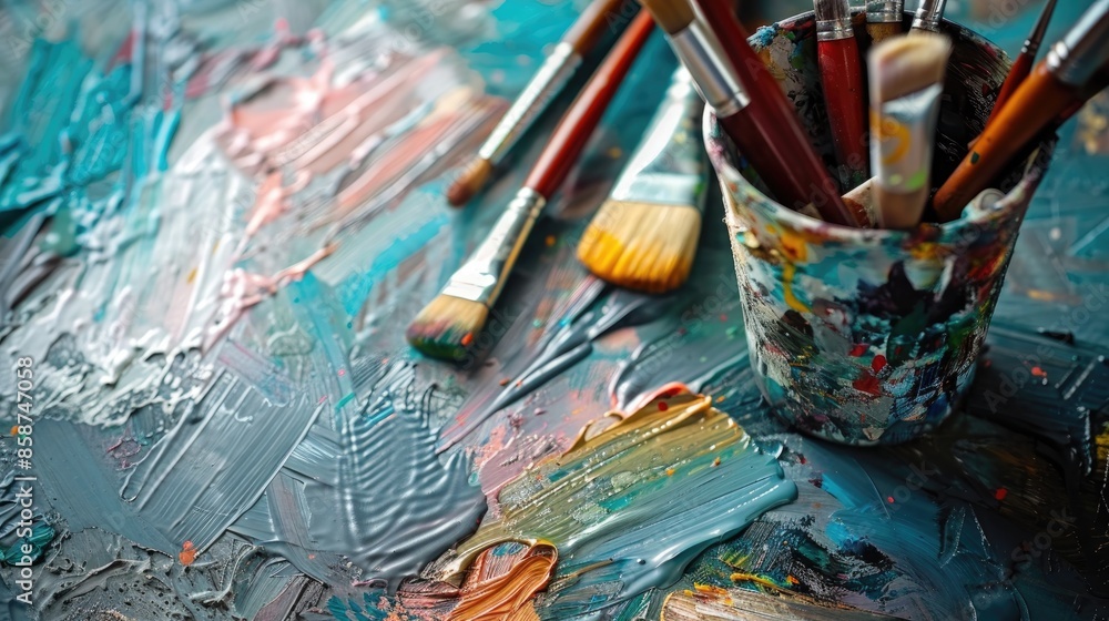 Artist s table displays brushes and paints Artist s table displays brushes and paints