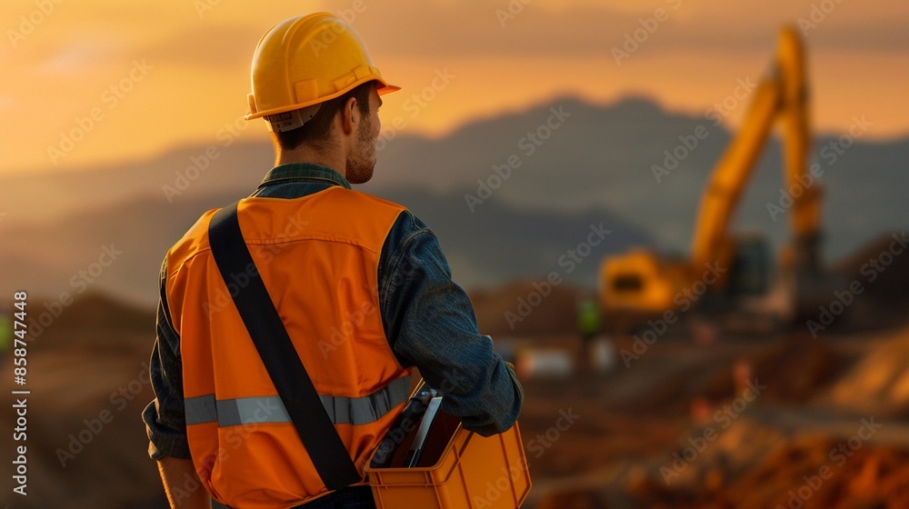 Worker carrying a toolbox on a construction site, determined and focused, Realism, Warm tones, Digital painting, High detail Worker carrying a toolbox on a construction site, determined and focused, Realism, Warm tones, Digital painting, High detail