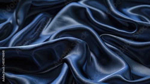 Close up of opulent navy silk or satin fabric with gentle wrinkles and a soft sheen suitable for bedding or clothing