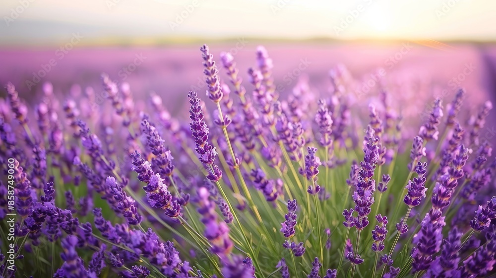 Fototapeta premium Lavender rows under a clear sky, sharp focus on purple flowers contrasting with deep green stems, creating a vibrant and lively scene