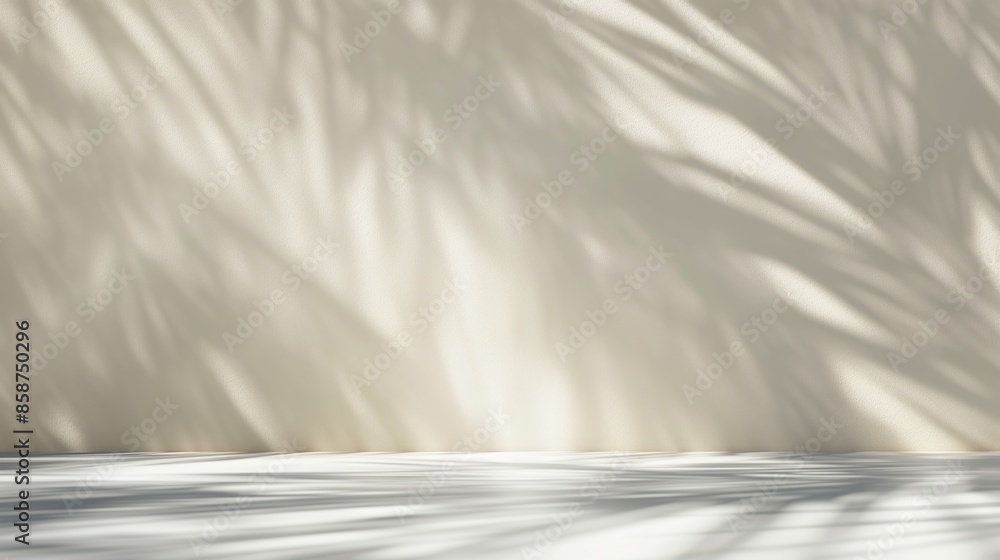 Fototapeta premium Abstract beige studio background for product presentation. Empty room with shadows of window and flowers and palm leaves . 3d room with copy space. Summer concert. Blurred backdrop.