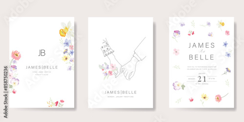 sweet elegant pink botanical Wedding Invitation, floral invite thank you, rsvp modern card Design in leaf and flower water color texture decorative Vector elegant rustic template
