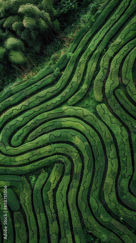 Geometric Precision: Aerial View of Tea Plantation Rows Geometric Precision: Aerial View of Tea Plantation Rows