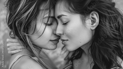 Two women in a tender embrace, touching noses with their eyes closed, in black and white