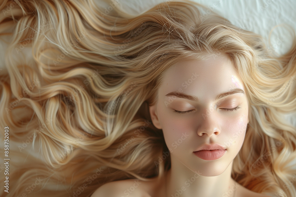 A Serene Portrait of a Young Woman with Long Flowing Blonde Hair Lying Down with Eyes Closed, Exhibiting a Peaceful Expression on a Soft Background A Serene Portrait of a Young Woman with Long Flowing Blonde Hair Lying Down with Eyes Closed, Exhibiting a Peaceful Expression on a Soft Background