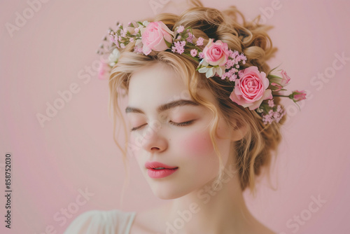 A serene portrait of a young woman adorned with a floral crown, featuring soft pink roses and delicate spring flowers against a pastel pink backdrop, capturing the essence of gentle beauty