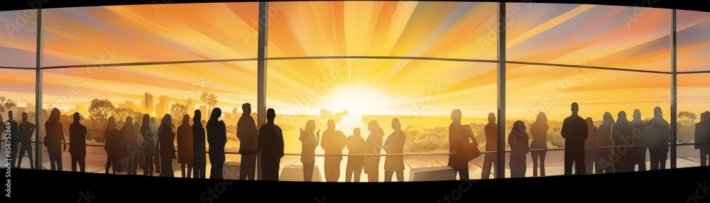 A group of people silhouetted against a mesmerizing sunset at an airport terminal, symbolizing travel and anticipation. A group of people silhouetted against a mesmerizing sunset at an airport terminal, symbolizing travel and anticipation.