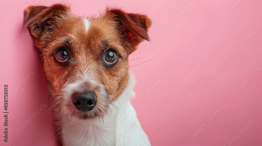 Cute Canine Portrait Peeking Over Wall - Pet Party Invitation with Adorable Small Dog on Pink Background Cute Canine Portrait Peeking Over Wall - Pet Party Invitation with Adorable Small Dog on Pink Background