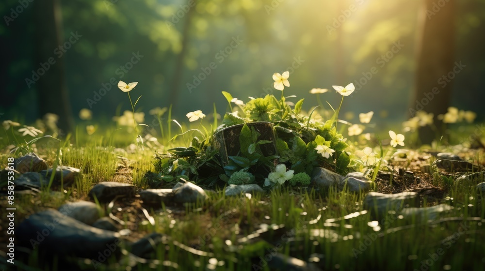 Enchanting Forest Glade with Sunbeam and Blooming Flowers Enchanting Forest Glade with Sunbeam and Blooming Flowers
