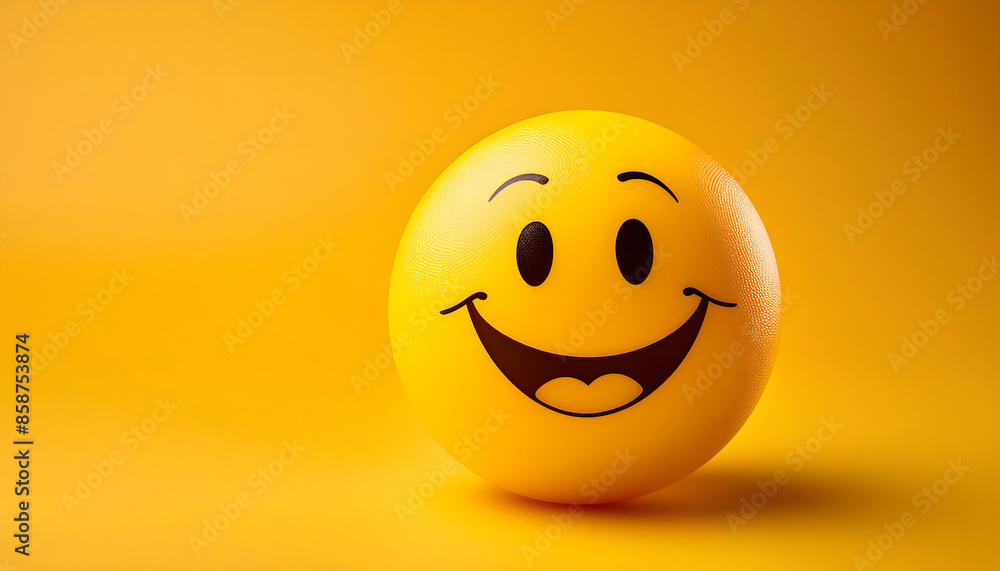 Happy black and yellow smile emoji isolated on yellow background with copyspace for text. ai generative Happy black and yellow smile emoji isolated on yellow background with copyspace for text. ai generative
