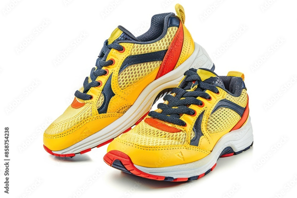 Yellow and Blue Running Shoes with Red Accents Yellow and Blue Running Shoes with Red Accents