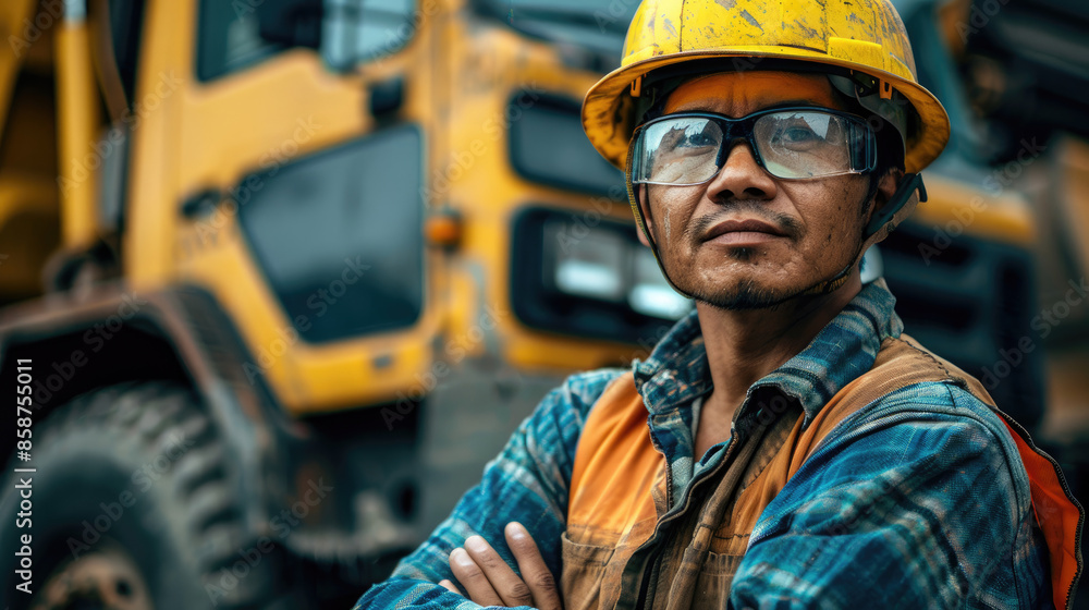 Man in a yellow vest and hard hat standing in front of a large yellow truck at construction site Man in a yellow vest and hard hat standing in front of a large yellow truck at construction site