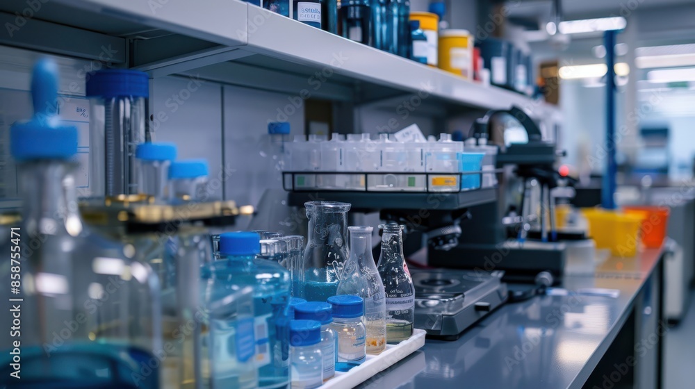 A laboratory with many bottles and vials on a counter A laboratory with many bottles and vials on a counter