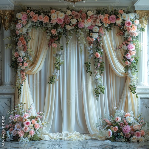 Elegant wedding backdrop with flowing drapes and lush floral arrangements. Perfect for special events.