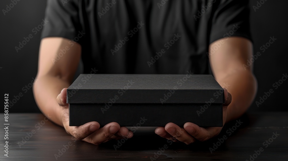Muscular delivery man carrying black box with insert text on black background for mockup packaging and branding of small fitness food delivery company Muscular delivery man carrying black box with insert text on black background for mockup packaging and branding of small fitness food delivery company