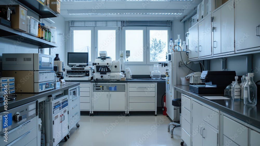 A large, clean, and well-lit laboratory with many shelves and cabinets A large, clean, and well-lit laboratory with many shelves and cabinets