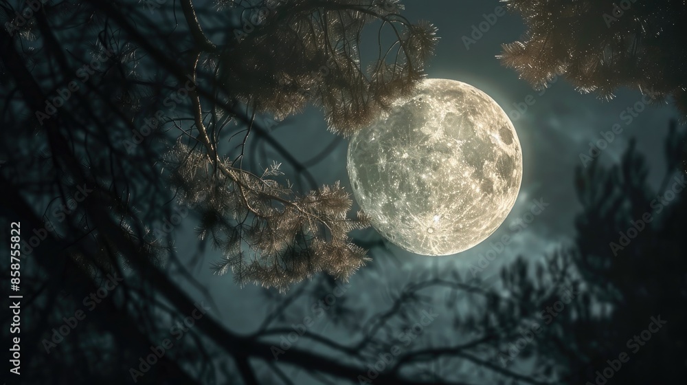 Naklejka premium Blurry picture of a tree framed full moon