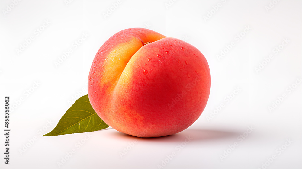 Ripe Peach with Smooth Pinkish Orange Skin and Green Leaf Ripe Peach with Smooth Pinkish Orange Skin and Green Leaf