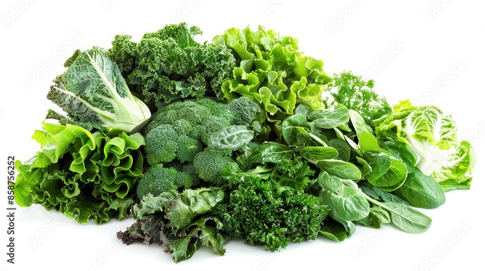 Variety of green leafy vegetables including kale, broccoli, spinach, and lettuce Variety of green leafy vegetables including kale, broccoli, spinach, and lettuce