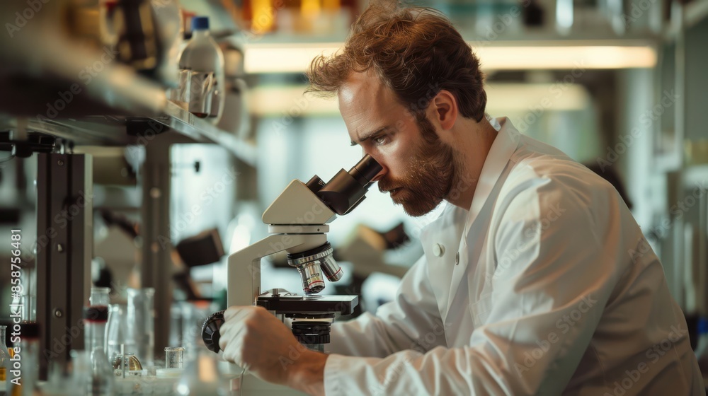 A man wearing a white lab coat is looking through a microscope A man wearing a white lab coat is looking through a microscope