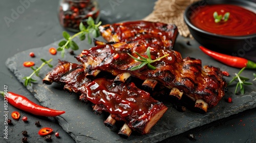 Grilled spare ribs with spicy flavor from BBQ served with chili pepper