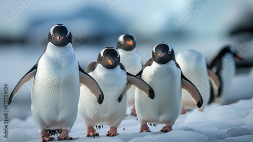 Gentoo penguins waddling in a row, AI Generative. photo