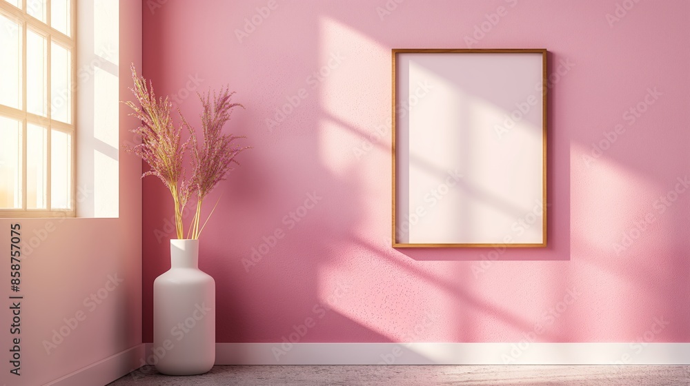Home interior poster mock up with horizontal metal frame, succulents in basket and pile of books on white wall background. 3D rendering. Home interior poster mock up with horizontal metal frame, succulents in basket and pile of books on white wall background. 3D rendering.