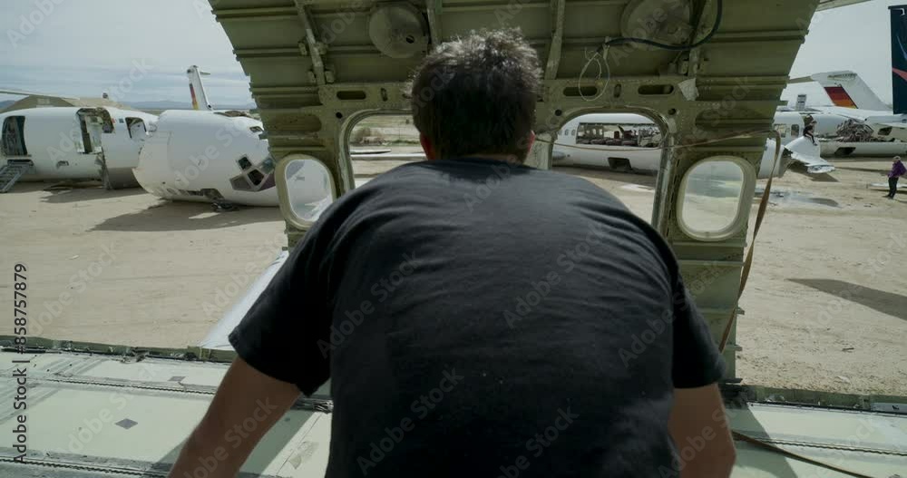 Young man doing parkour through window of abandoned airplane - steady cam Young man doing parkour through window of abandoned airplane - steady cam