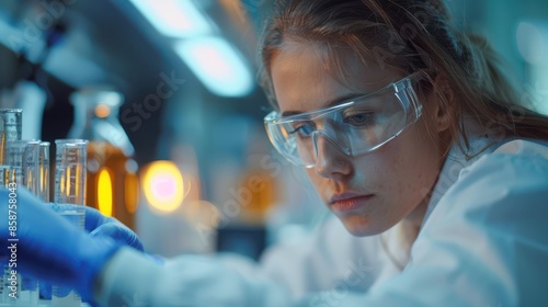A woman in a lab coat is wearing safety goggles and looking at a beaker