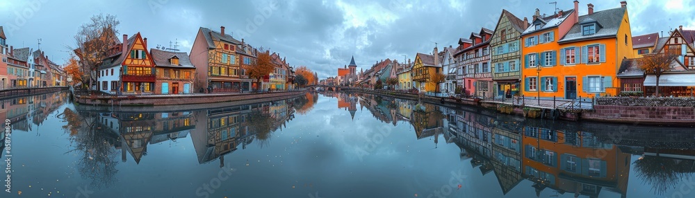 Colorful buildings reflect in a tranquil canal. Colorful buildings reflect in a tranquil canal.