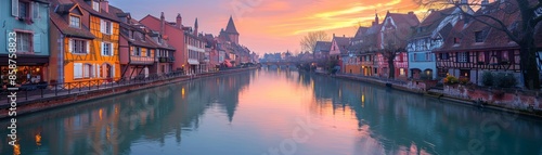 Colorful buildings line a tranquil canal at sunset. © Lucky_jl