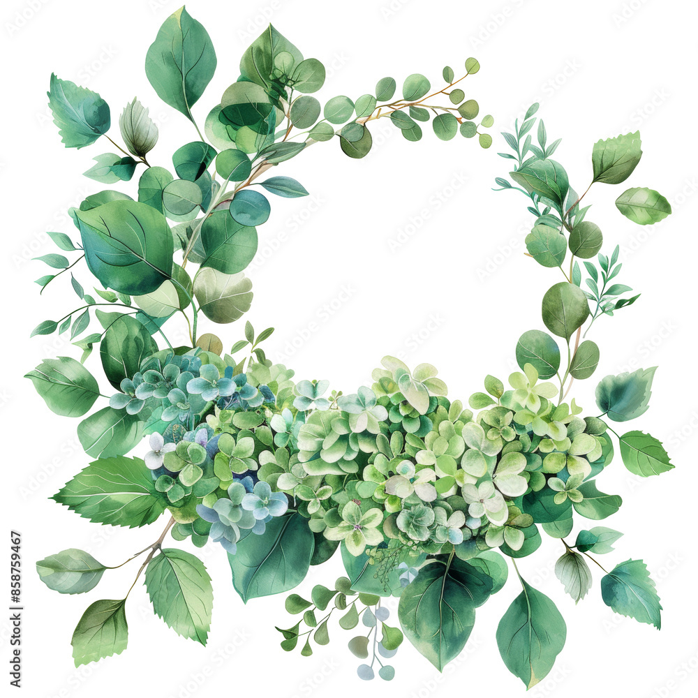 Obraz premium Watercolor Illustration of Lush Green Wreath Flowers with on White Background
