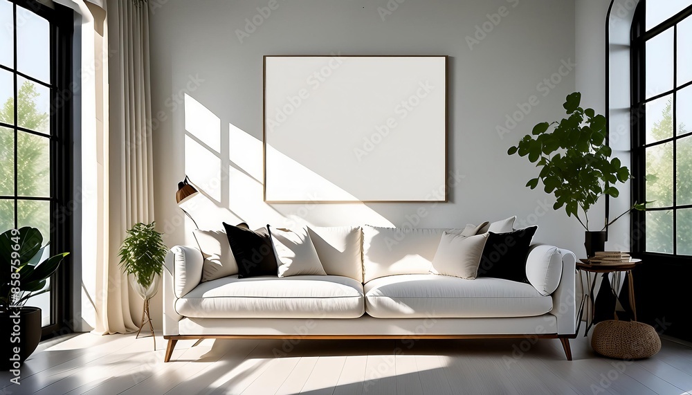 Fototapeta premium Bright and airy living room with plush white sofa and blank frame mockup. Sunlit space. Frame mockup.