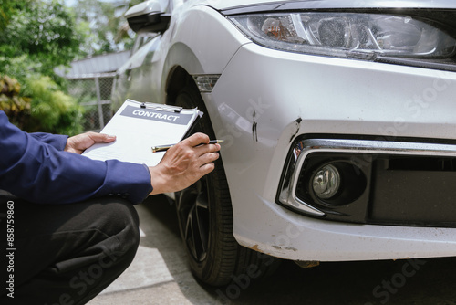 A young man in his 20s, a car insurance agent, examines a damaged vehicle from a traffic accident. He inspects the wreck, writes a report, and analyzes the claim for repair services.