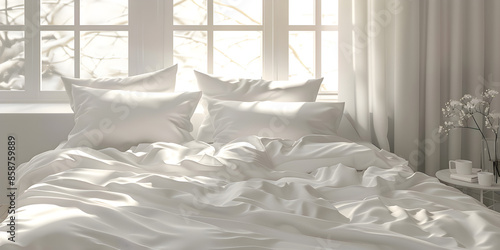 Elegant white bed with soft duvet and pillows in clean room. Elegantbed, whitebed, softduvet, pillows, cleanroom, bedroomdecor, homeinterior, 
 photo