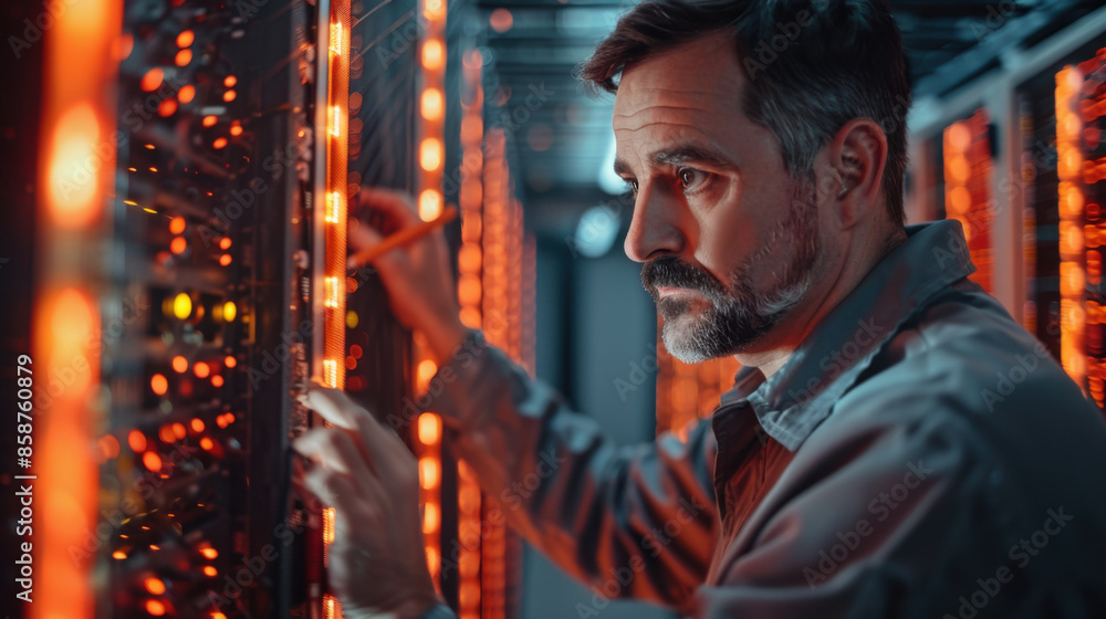 A focused engineer conducts maintenance on servers in a data center, surrounded by orange LED lights. A focused engineer conducts maintenance on servers in a data center, surrounded by orange LED lights.