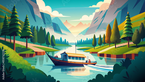 Illustration of a traveling  boat on a river with a beautiful natural landscape with green trees, natural lighting, and a natural background