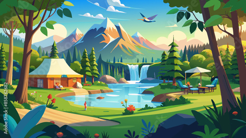 A beautiful nature scene with a blue sky, birds, a lake, a waterfall, flowers, green grass, and small animals