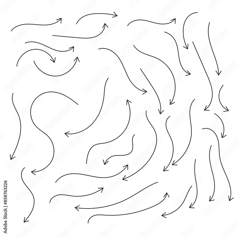 Doodle arrows. Hand drawn line pointers, pencil sketch elements, round curly wavy direction arrows. Vector linear black arrow set Doodle arrows. Hand drawn line pointers, pencil sketch elements, round curly wavy direction arrows. Vector linear black arrow set